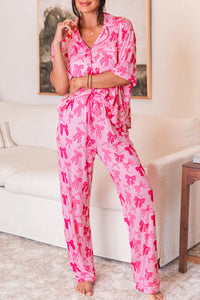 Fiona-Pink Bow Knot Print Lapel Collar Short Sleeve and Pants Pajamas Set