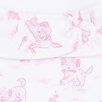 Puppy Toile Pink - 2 Way Ruffle Back Zipper Footie with Bandana Bib, and Swaddle Blanket Set