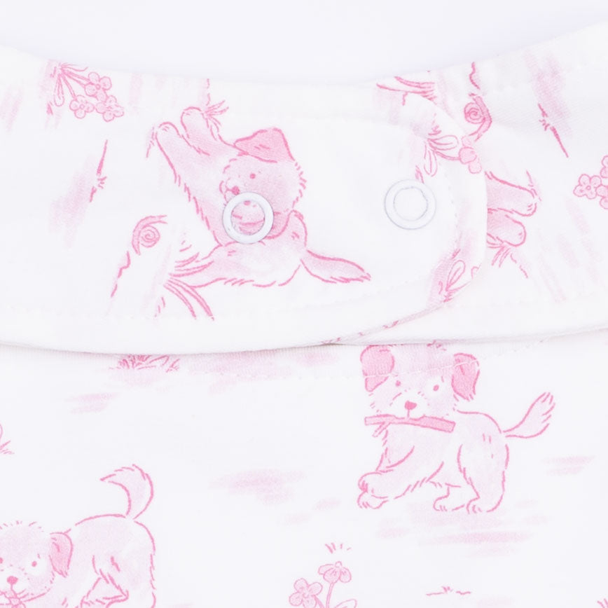 Puppy Toile Pink - 2 Way Ruffle Back Zipper Footie with Bandana Bib, and Swaddle Blanket Set