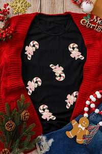 Black Candy Cane Sequin Tee – Holiday Bow Graphic T-Shirt, Women's Festive Christmas Short Sleeve Top