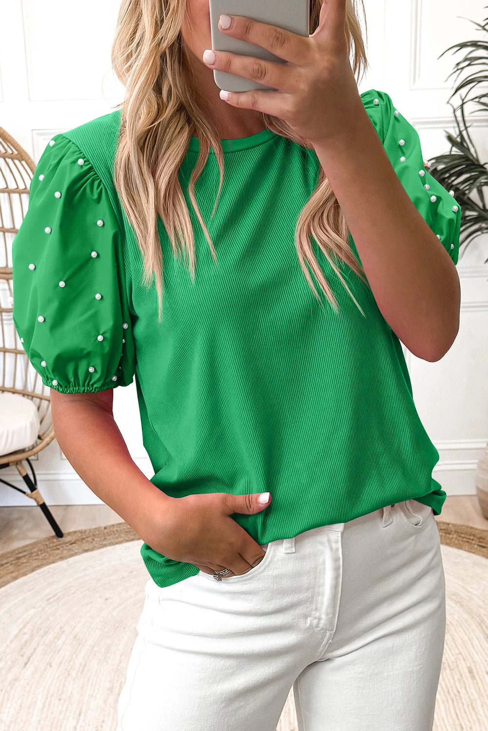 Sam - Bright Green Ribbed Pearl Beaded Puff Sleeve Blouse