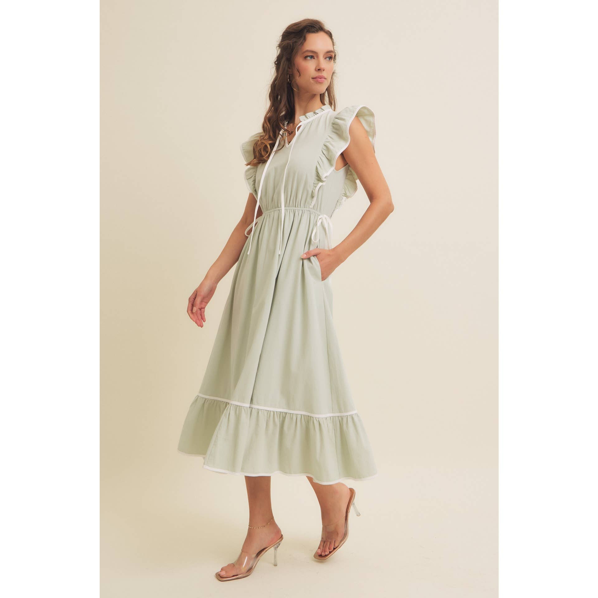 Annie- Cotton Gauze Midi Dress with Ruffles and Contrast Binding M / Mint Sage/Cream Annie- Cotton Gauze Midi Dress with Ruffles and Contrast Binding M / Mint Sage/Cream