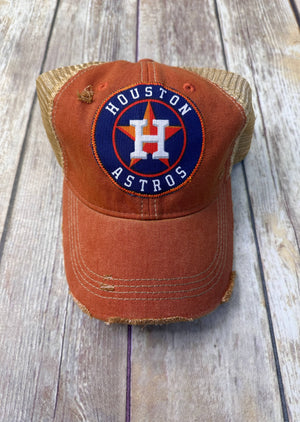 Orange Astros Distressed Trucker Hat