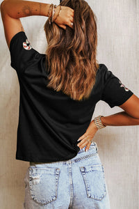 Black Candy Cane Sequin Tee – Holiday Bow Graphic T-Shirt, Women's Festive Christmas Short Sleeve Top
