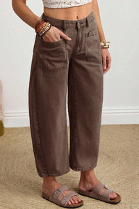Miranda - Coffee Solid Color Square Patch Pocket Ankle-length Barrel Jeans