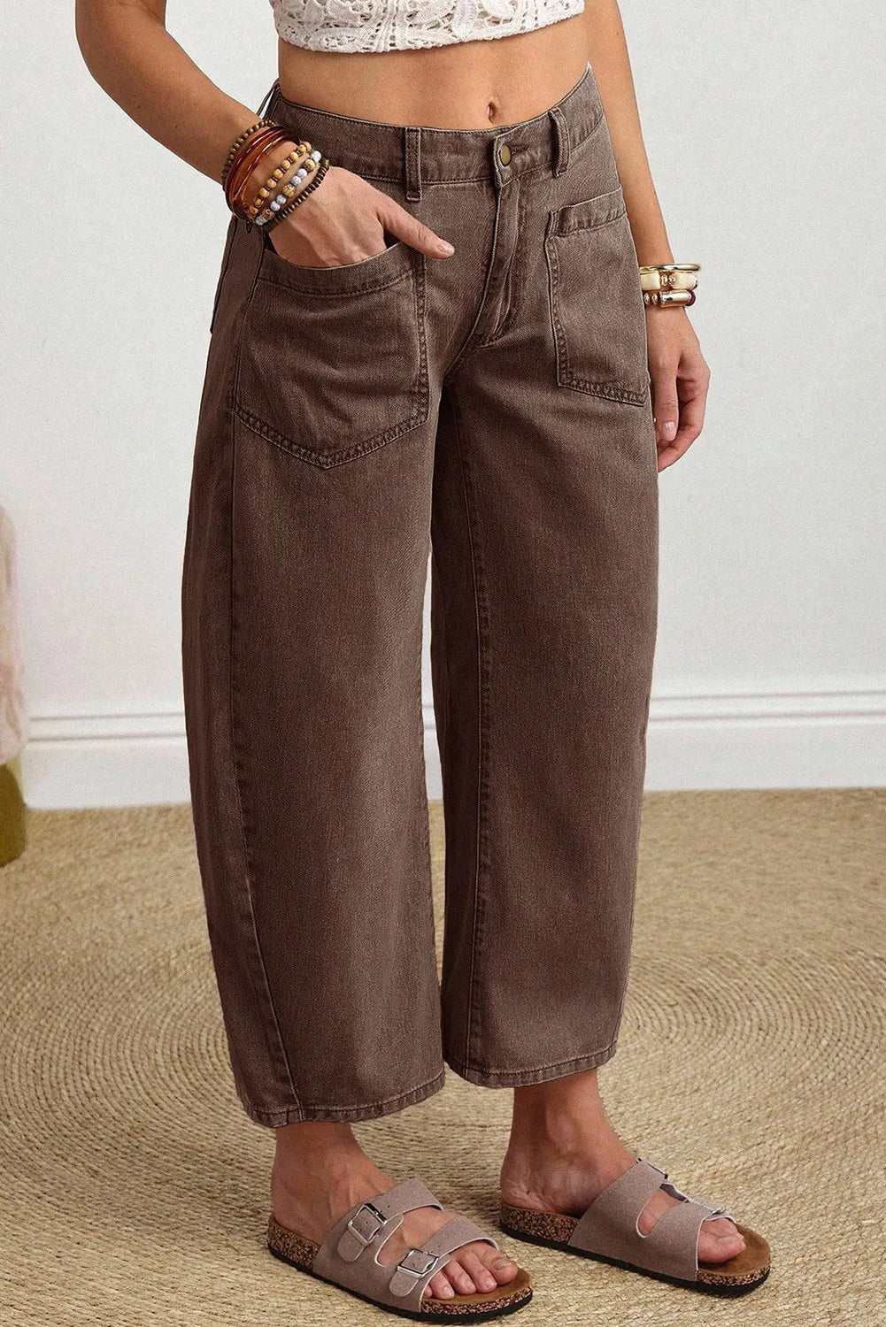 Miranda - Coffee Solid Color Square Patch Pocket Ankle-length Barrel Jeans