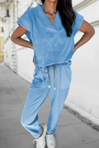 Lisa - V-Neck Tee & Drawstring Pants 2-Piece Loungewear Matching Set