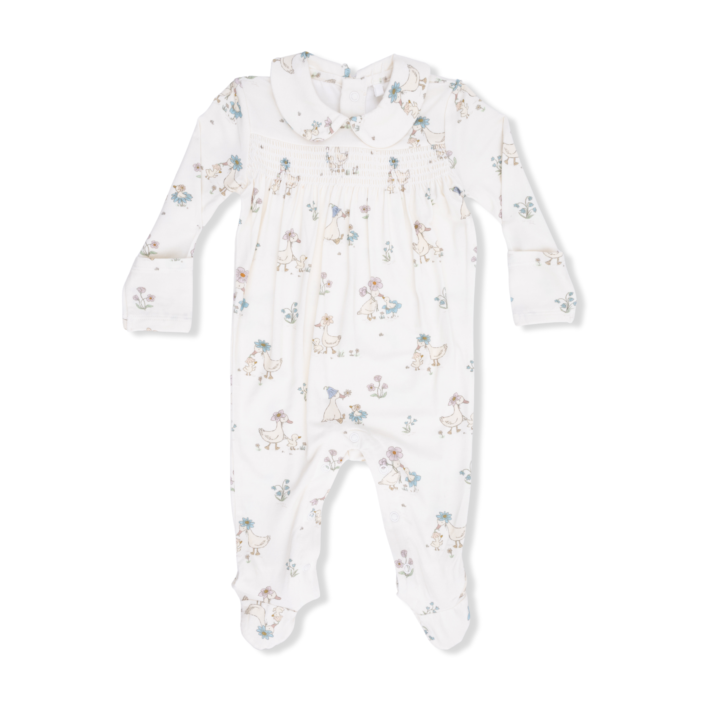 Flower Ducklings - Smocked Peter Pan Snap Footie