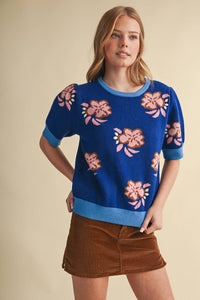 SAVANNA - FLORAL KNIT SHORT SLEEVE SWEATER