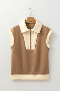 Kelsey - Taupe Half Zip Top – Collared Colorblock Short Sleeve Top, Women's Sporty Casual Quarter Zip
