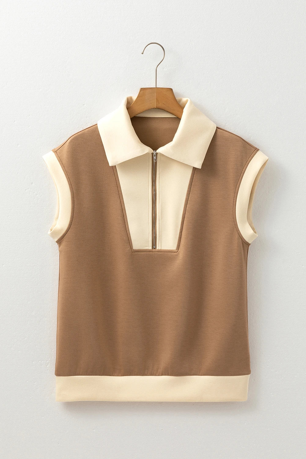 Kelsey - Taupe Half Zip Top – Collared Colorblock Short Sleeve Top, Women's Sporty Casual Quarter Zip