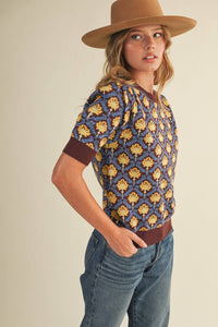 MAEBERRY - FLORAL PATTERN SHORT SLEEVE SWEATER