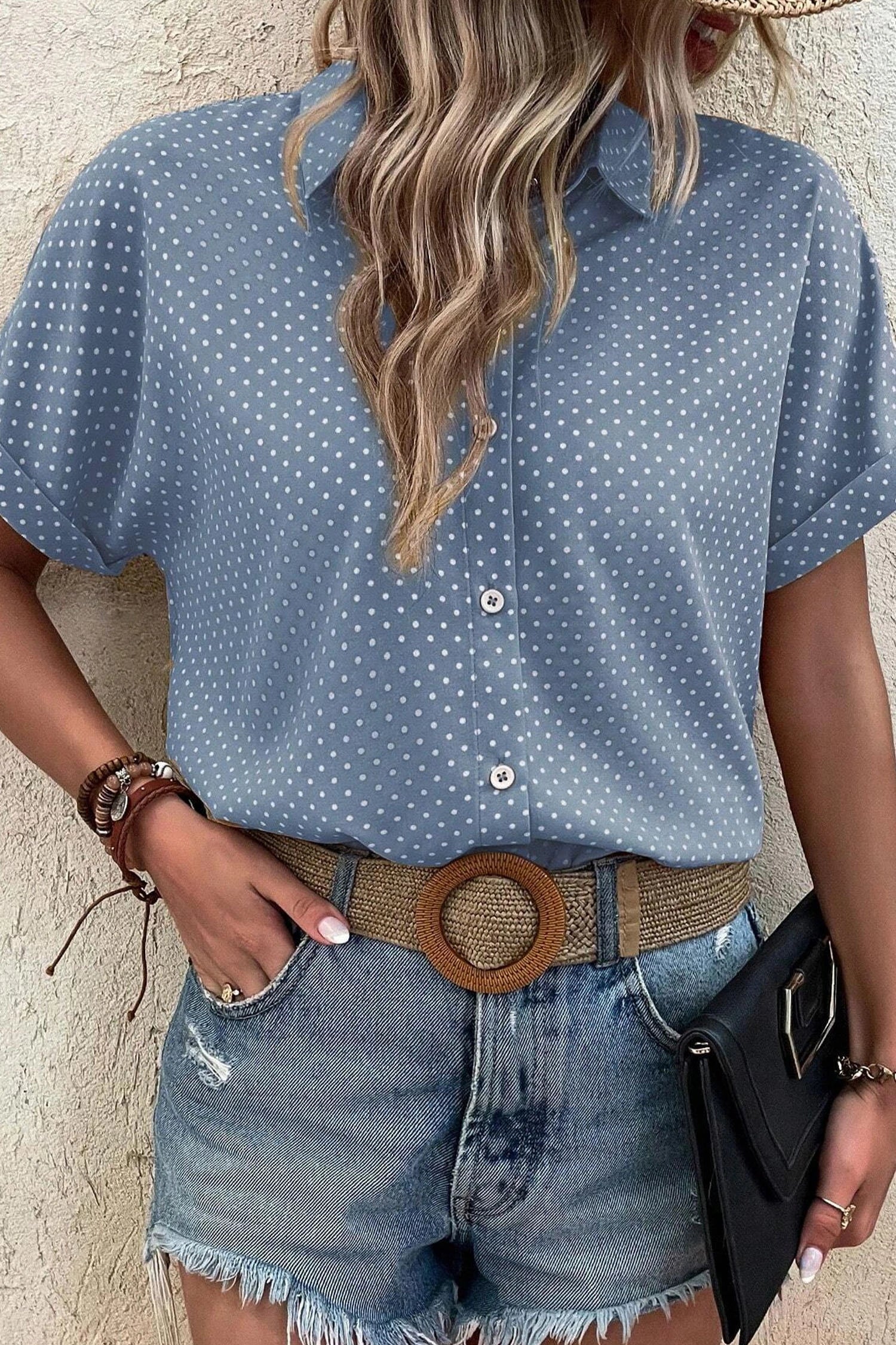 Emy - Dotted Print Cuffed Short Sleeve Shirt