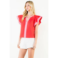 Rachel - Flutter Sleeve Contrast Trim V-Neck Top
