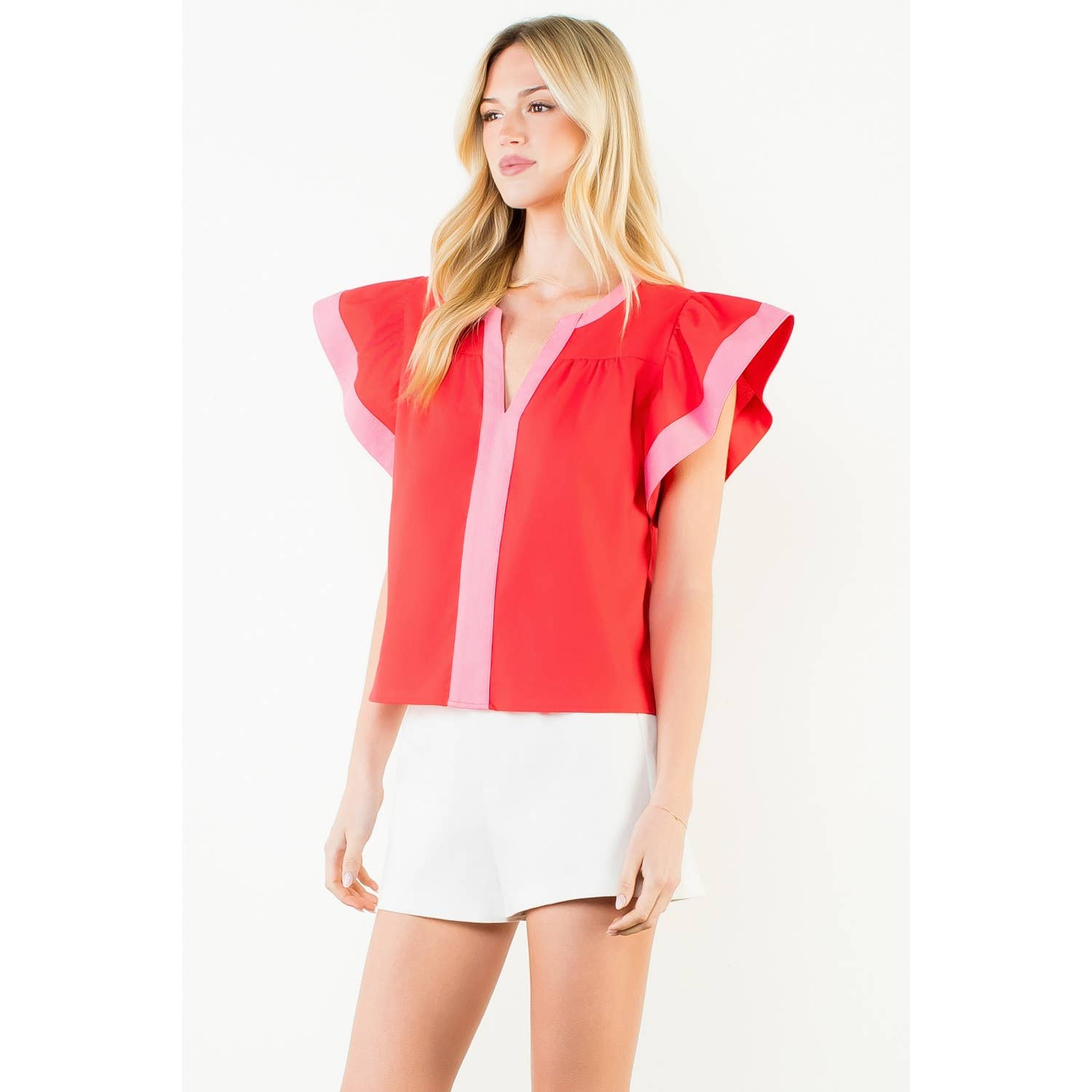 Rachel - Flutter Sleeve Contrast Trim V-Neck Top