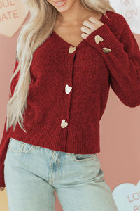 Margo - Red V-Neck Cardigan with Gold Heart Button