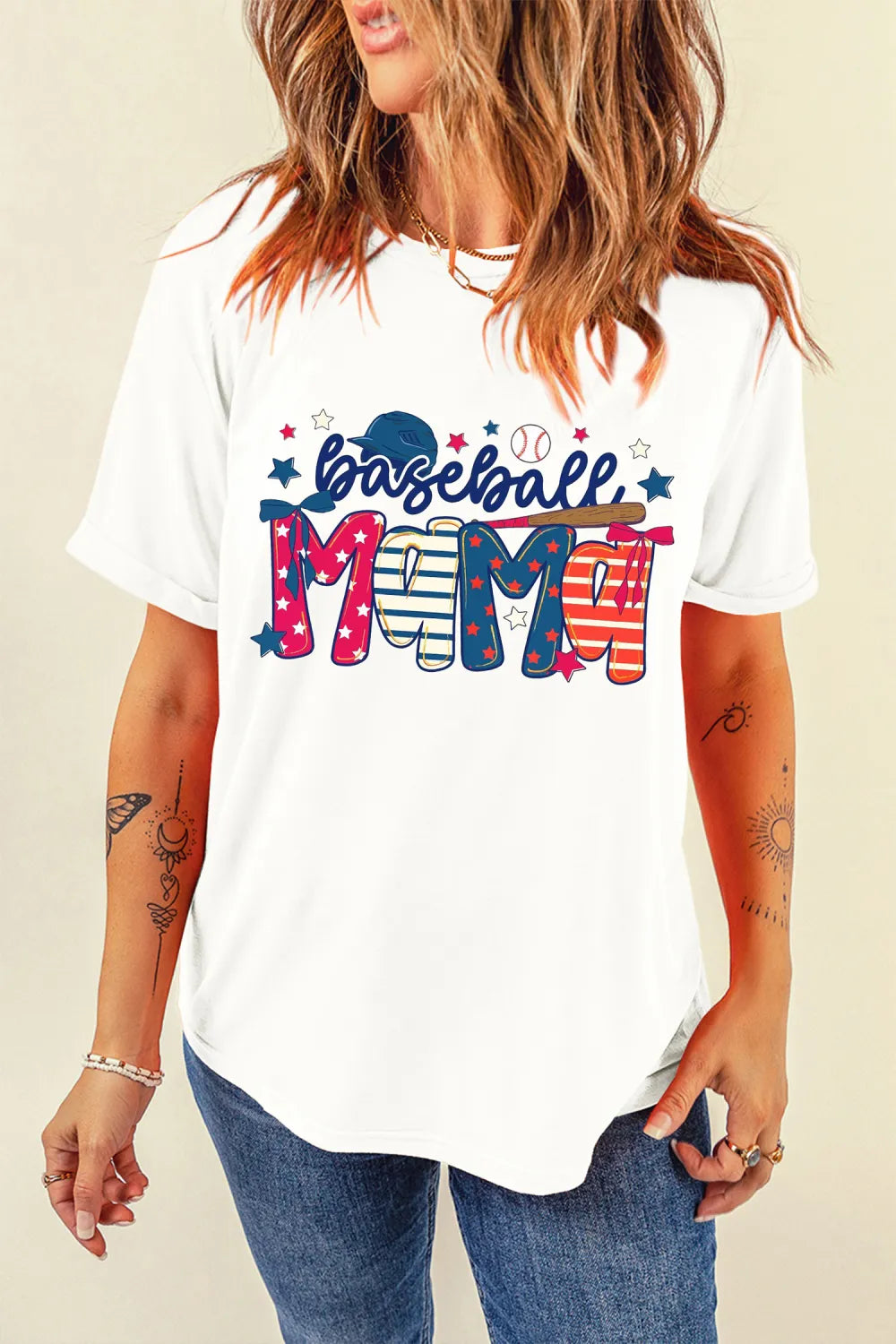 Delia- White Baseball Mama Patriotic Game Day Tee