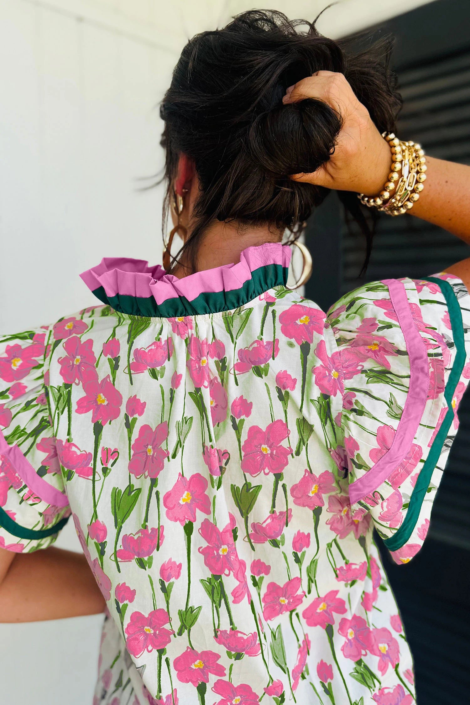 Parker - Pink Floral Print Ruffled Short Sleeve Blouse