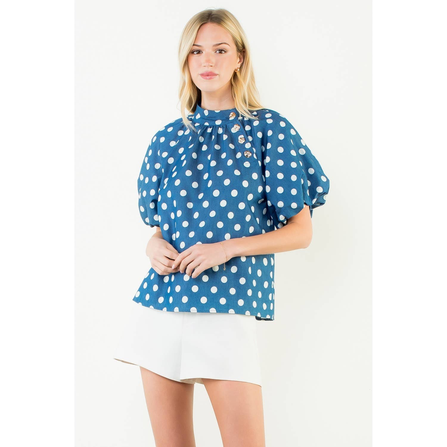 Marla- Puff Sleeve Polka Dot Mock Neck Top
