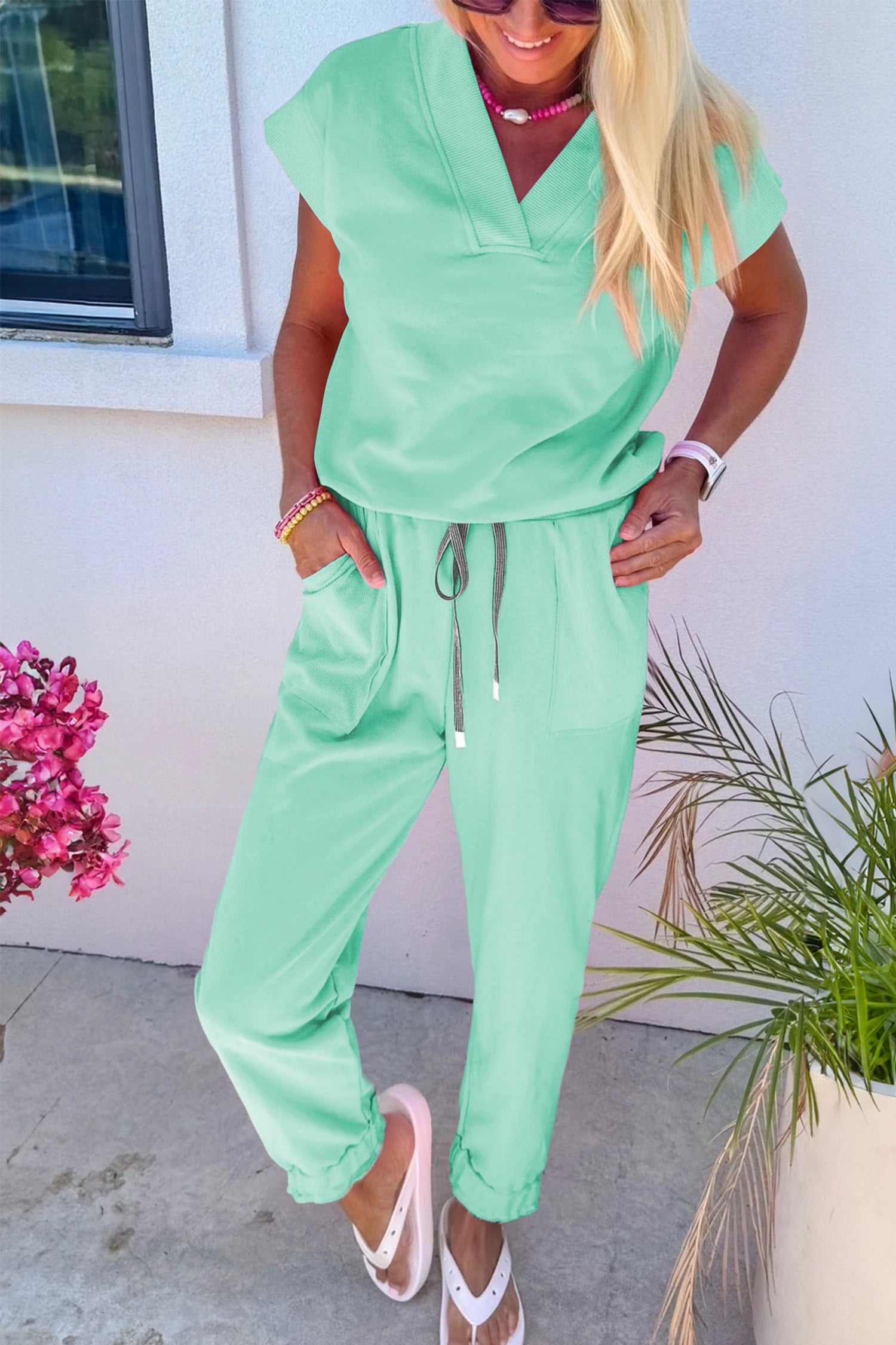 Lisa - V-Neck Tee & Drawstring Pants 2-Piece Loungewear Matching Set