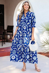 Simone - Blue Geometric Print Midi Dress