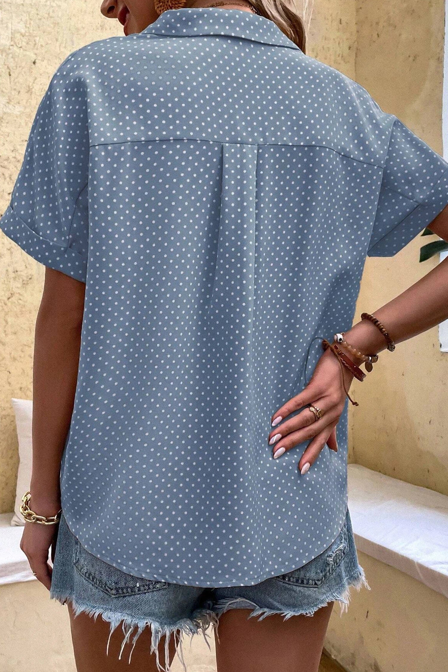 Emy - Dotted Print Cuffed Short Sleeve Shirt