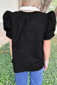 Helena-Black Ricrac Trim Color Block Patchwork Shirt Collar Short Sleeve Blouse