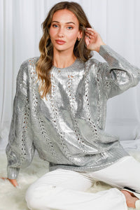 Jess - Crew Neck Cable Metallic Foil Knitted Sweater