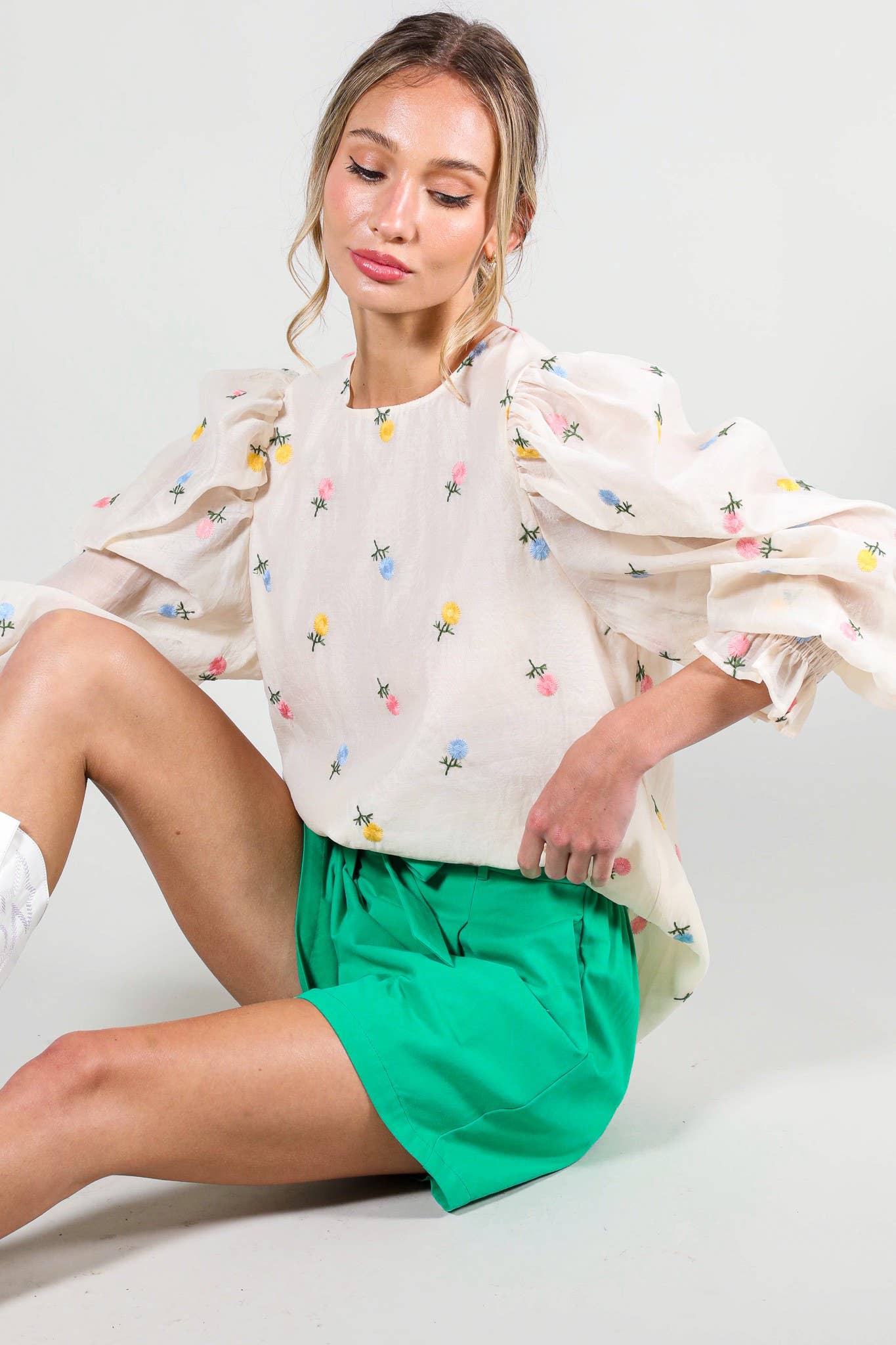 Madison - Floral Embroidered Long Puff Organza Blouse Top
