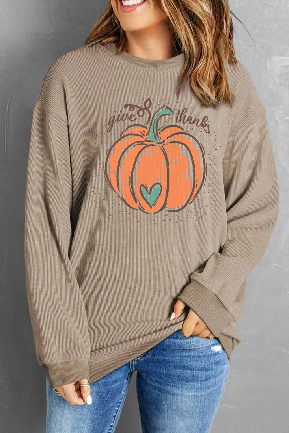 Janelle - Khaki Give Thanks Pumpkin Sweatshirt