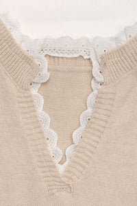 Gail - Khaki Heart Print Lace V-Neck Sweater