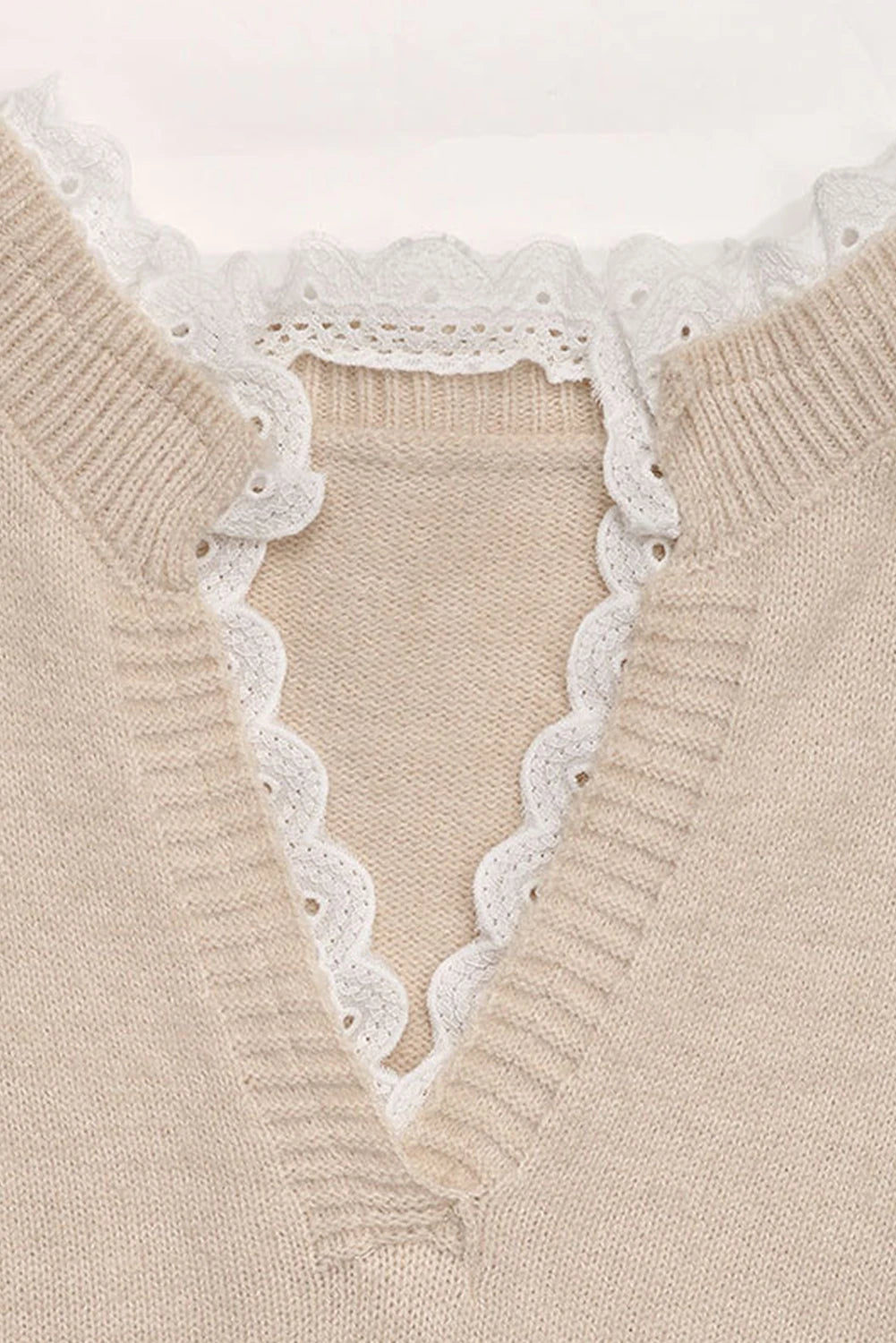 Gail - Khaki Heart Print Lace V-Neck Sweater