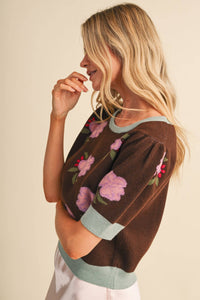 SAVANNA - FLORAL KNIT SHORT SLEEVE SWEATER