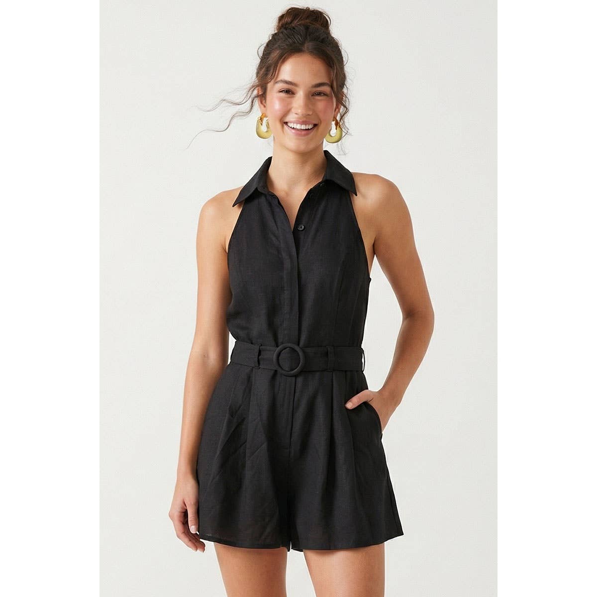 Kara - Belted Linen Halter Romper