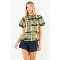 Maddie - Ruffled Neck Plaid Top