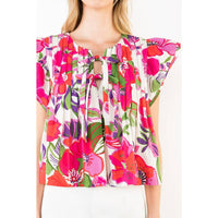 Gia - Floral Print Pintuck Top with Bow Detail - add matching skirt for 1/2 off with code GIA