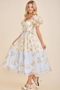 Cassy Floral print colorblock midi dress with puff short sleeves