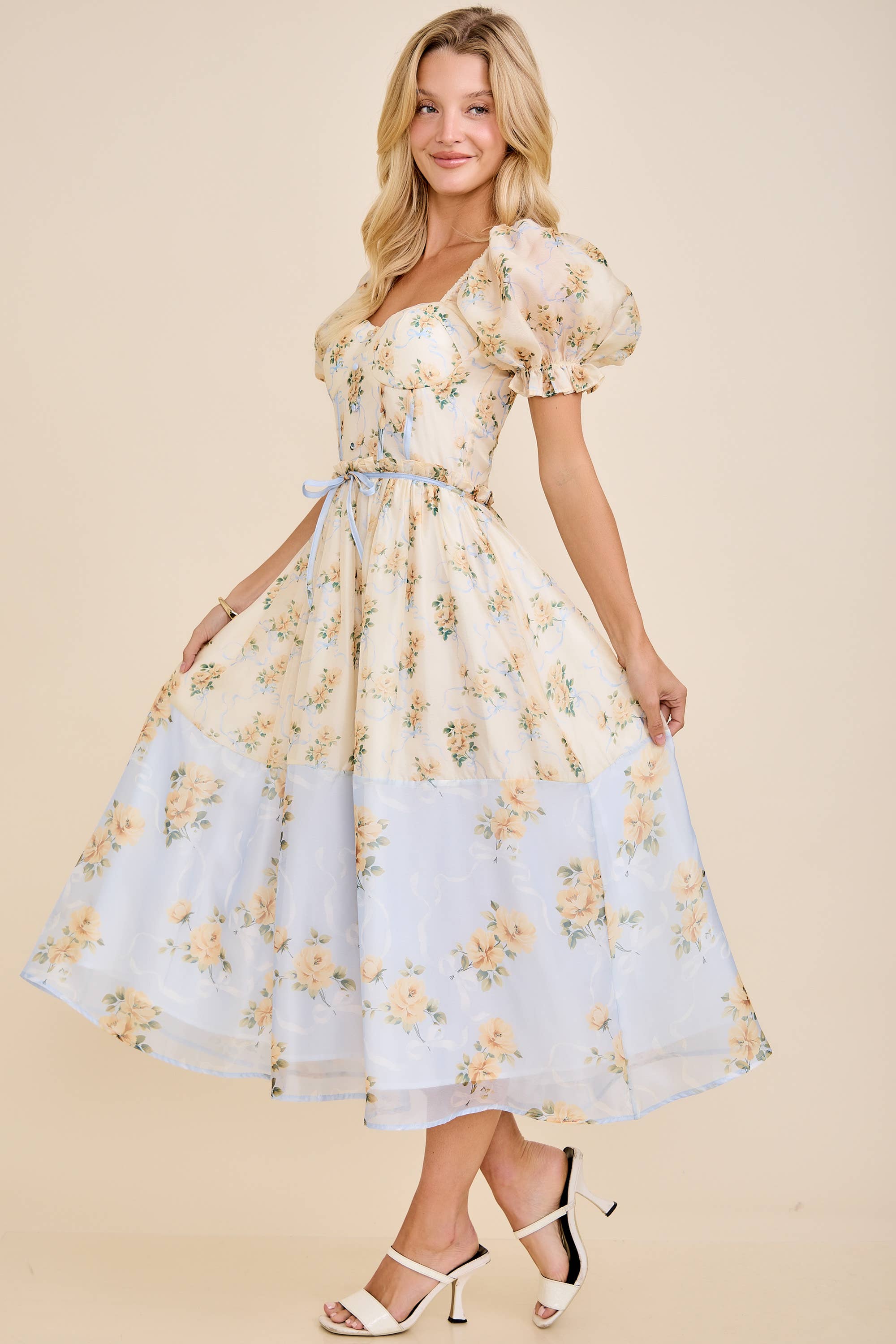 Cassy Floral print colorblock midi dress with puff short sleeves