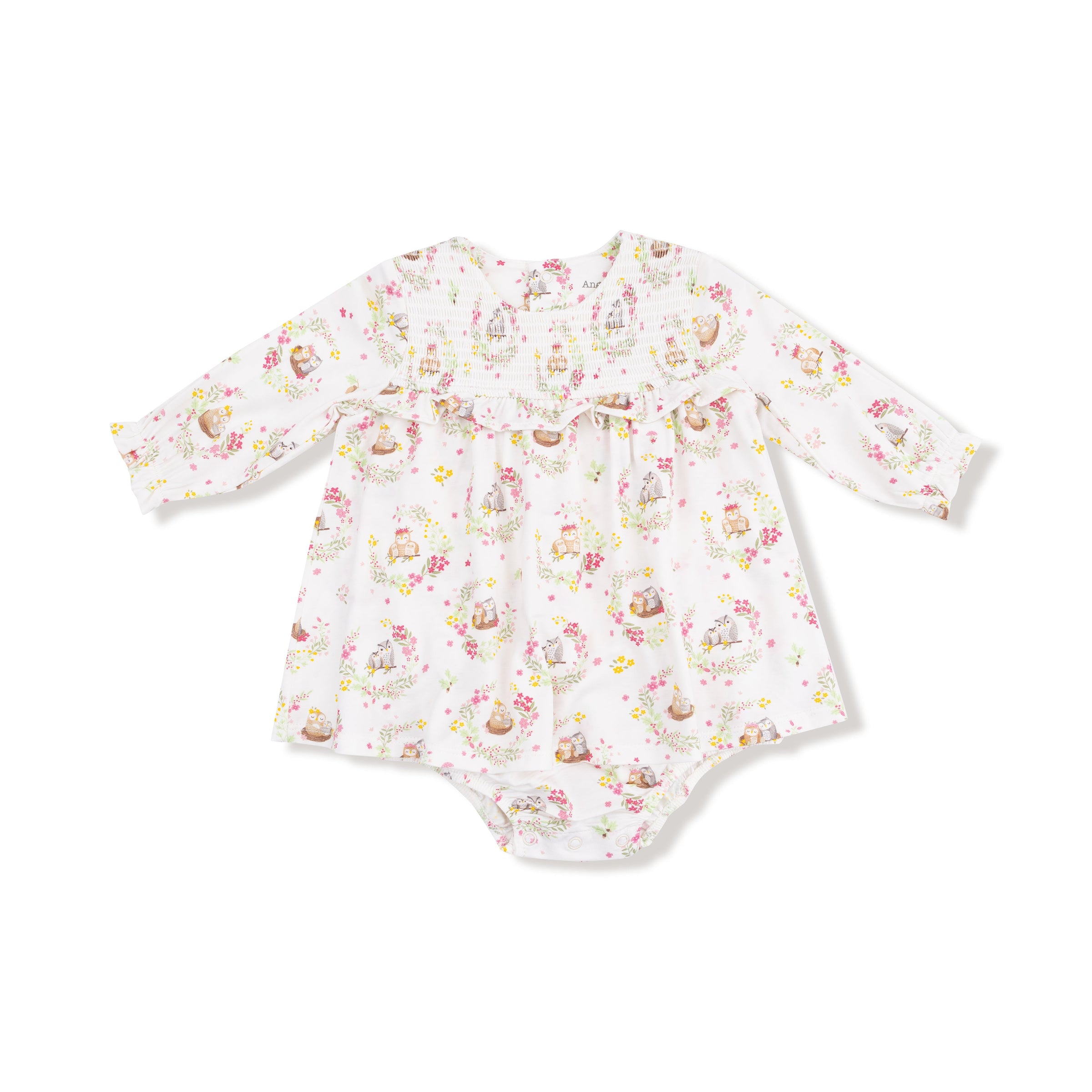 Floral Owl Families - Long Sleeve Smocked Ruffle Bubble with Skirt