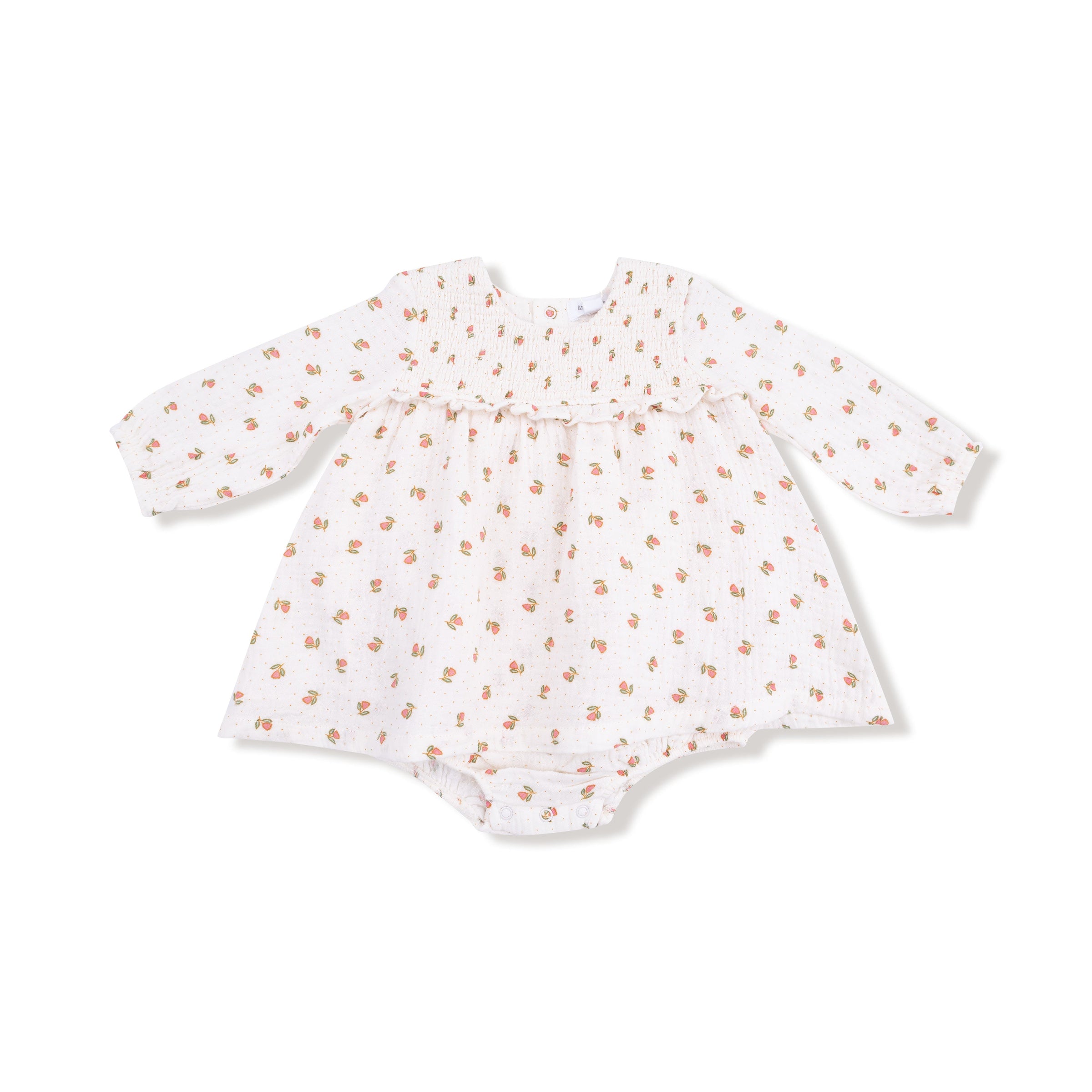 Petite Pointe Fleur - Long Sleeve Smocked Ruffle Bubble with Skirt