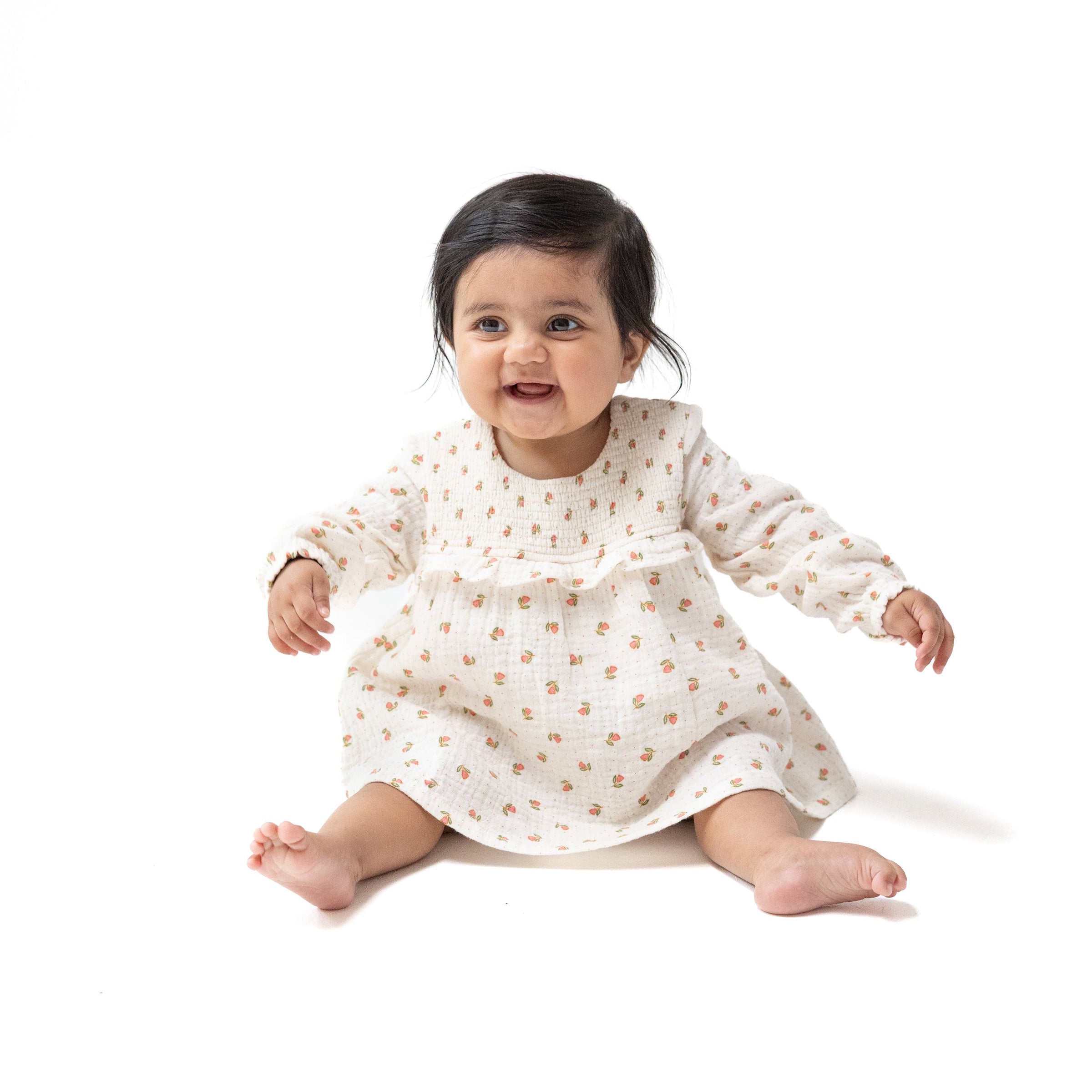 Petite Pointe Fleur - Long Sleeve Smocked Ruffle Bubble with Skirt