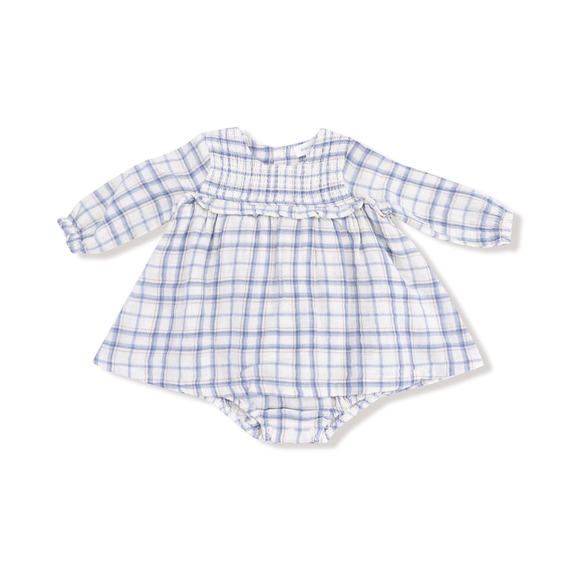 Blue Plaid - Long Sleeve Smocked Ruffle Bubble with Skirt