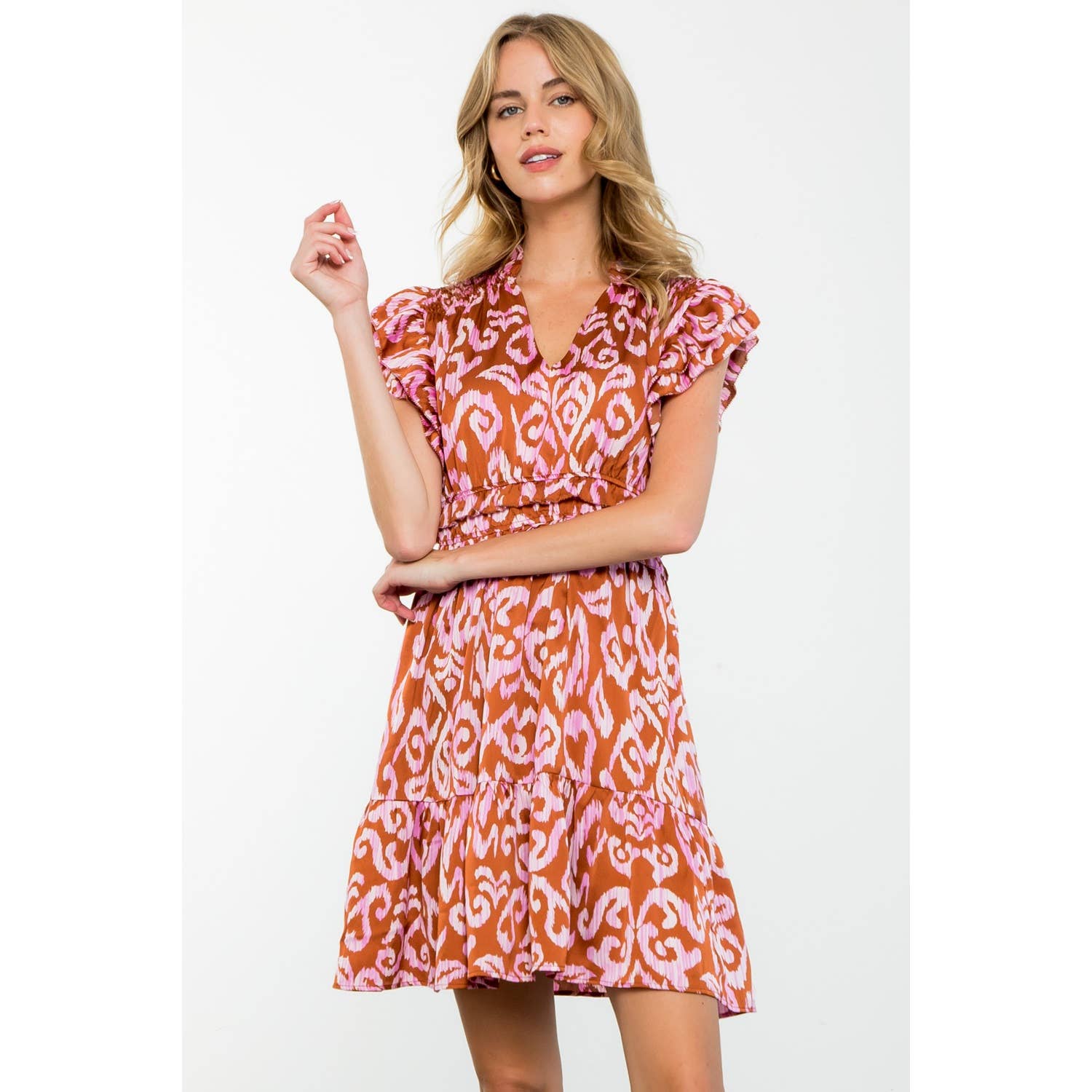 Monica-Flutter Sleeve Tiered Print Mini Dress