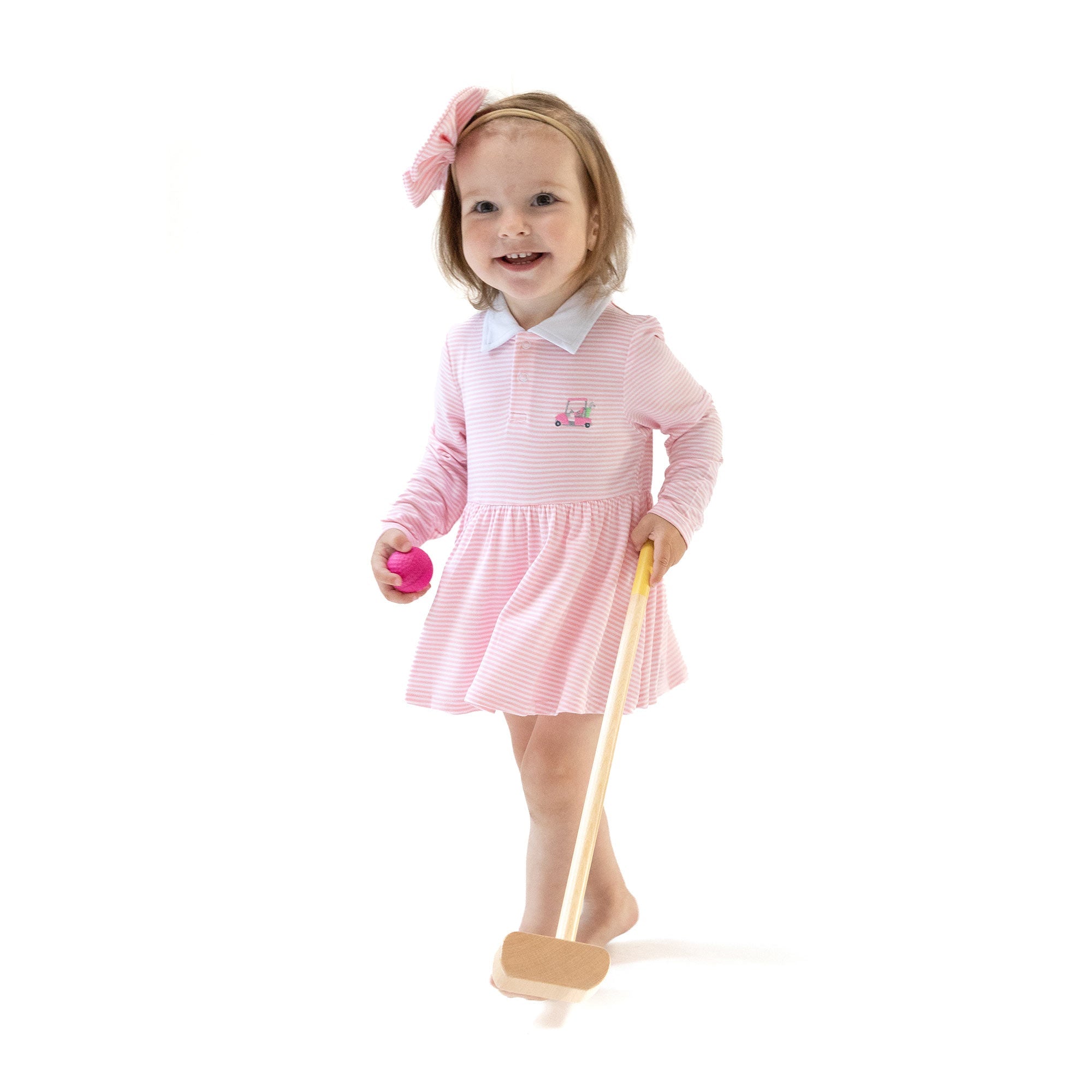 Baby Golf Carts - Pink - Long Sleeve Polo Bodysuit Dress