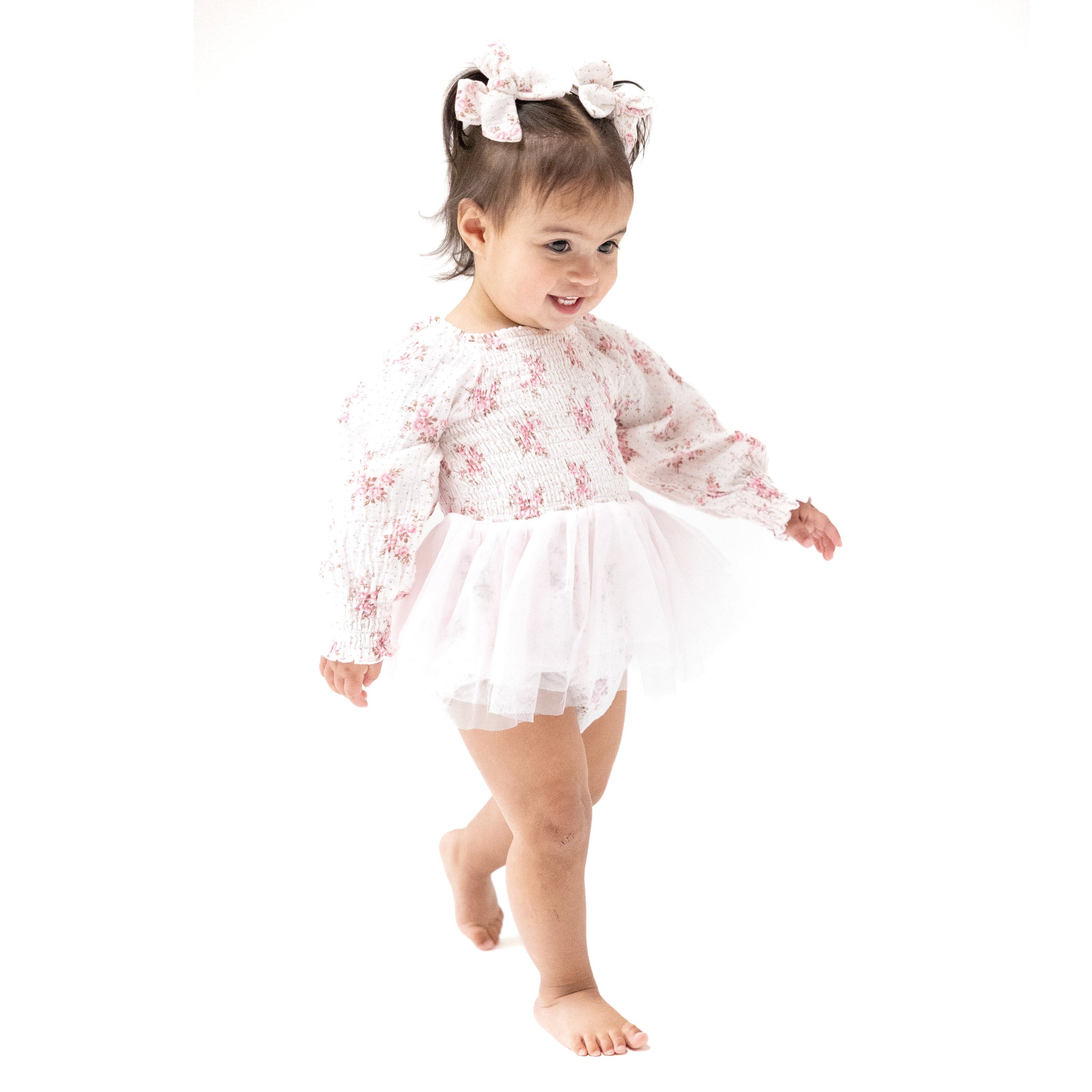 Belle Rosette Dot - Long Sleeve Smocked Bubble with Tutu