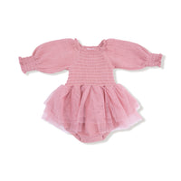 Solid Rose Elegance - Long Sleeve Smocked Bubble with Tutu