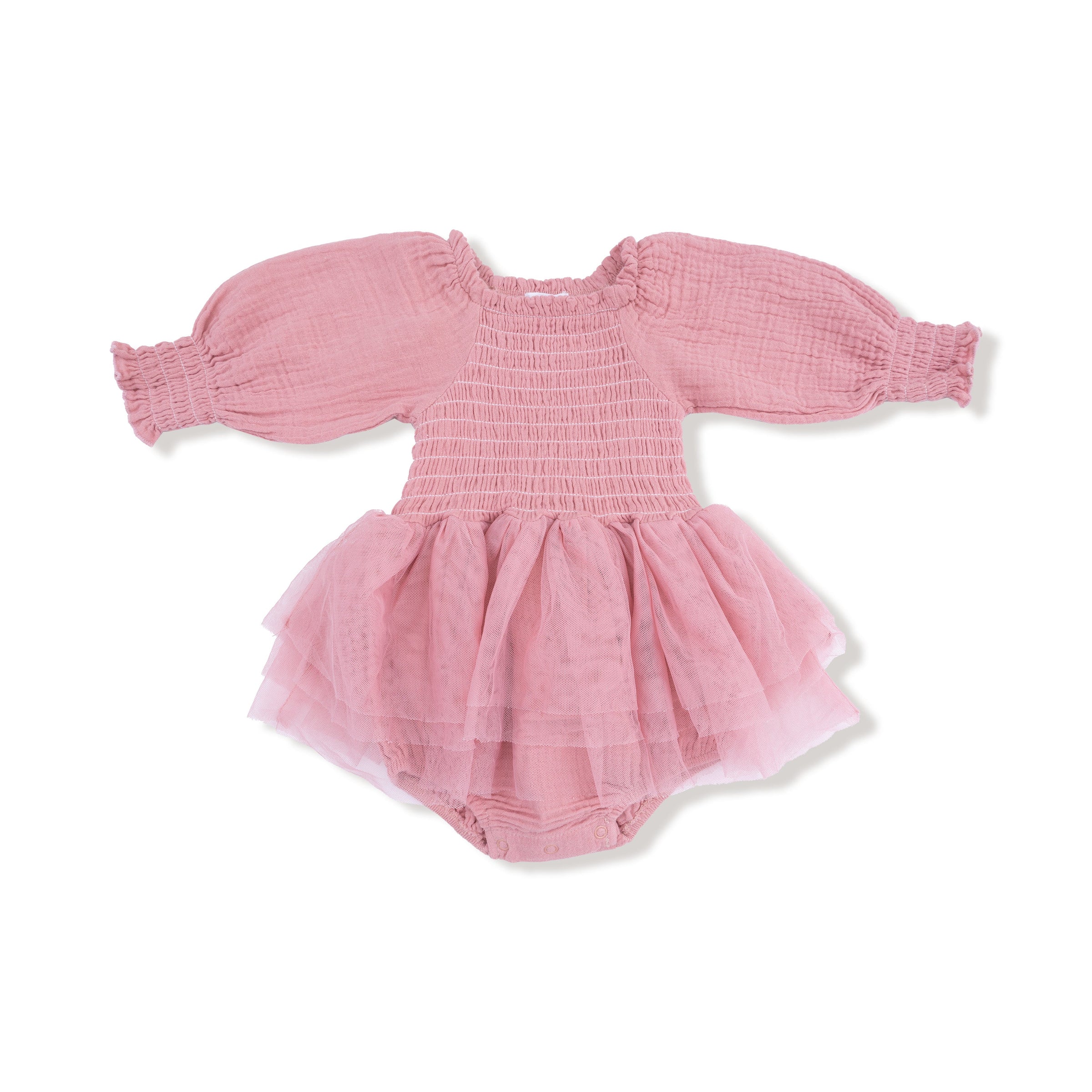 Solid Rose Elegance - Long Sleeve Smocked Bubble with Tutu