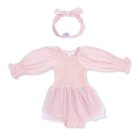 Solid Lotus - Long Sleeve Smocked Bubble with Tutu & Knotted Headband Set