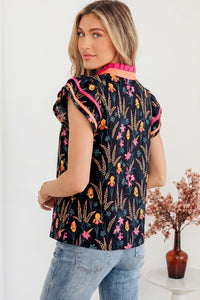 Audrey- Black Floral Ruffle Blouse