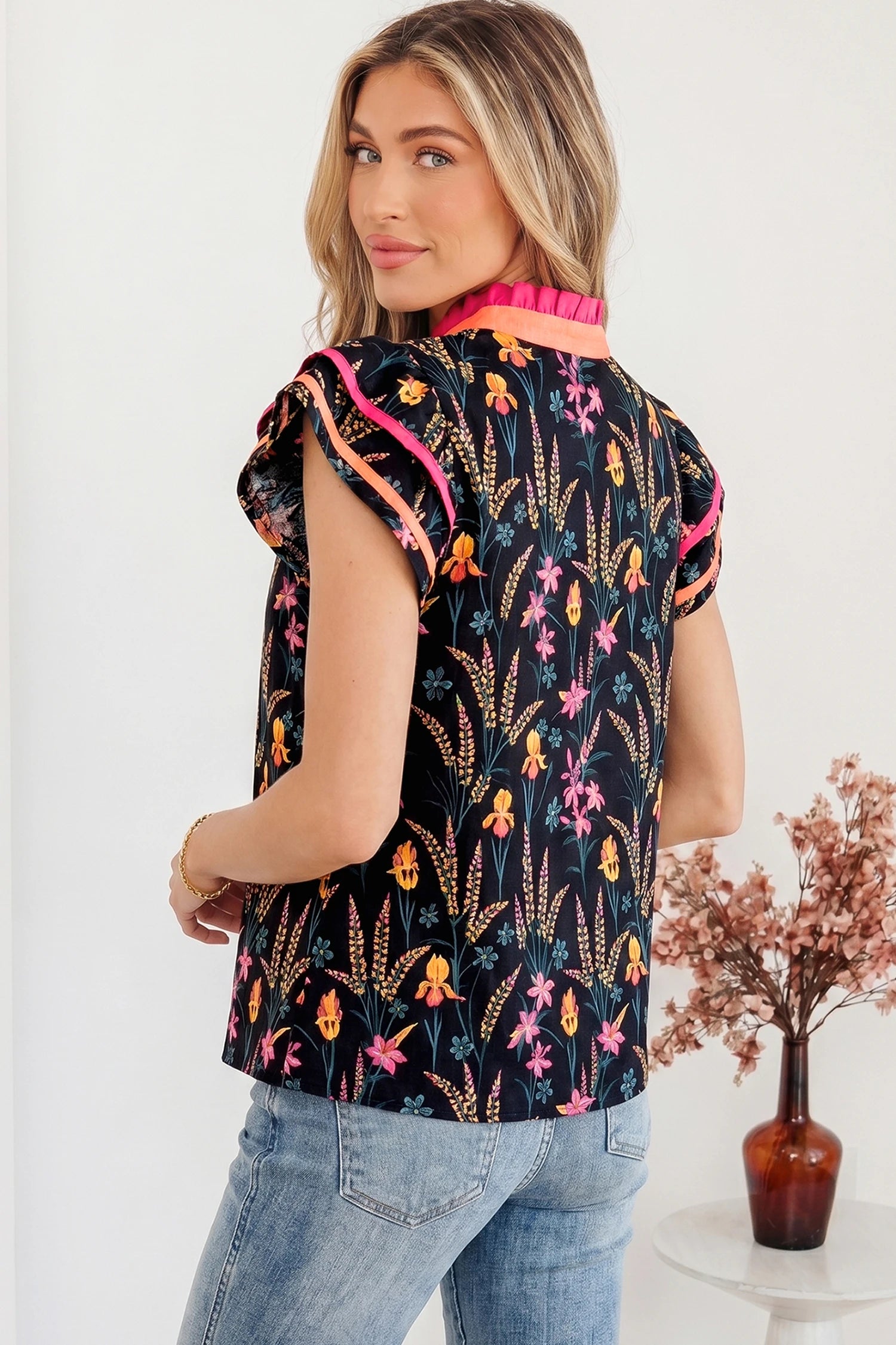 Audrey- Black Floral Ruffle Blouse